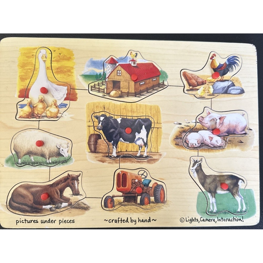 Vintage Melissa & Doug Wooden Peg Puzzle Set 9 Pieces Hand Crafted Animals Horse
